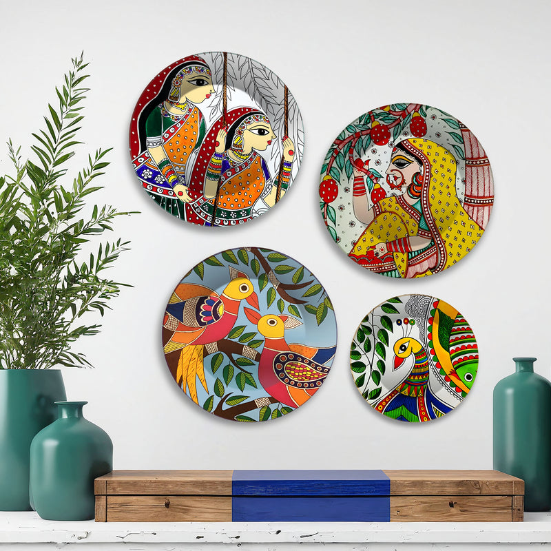 Madhubani Art Mithila Folk Tales Premium Wall Plates Painting Set of Four