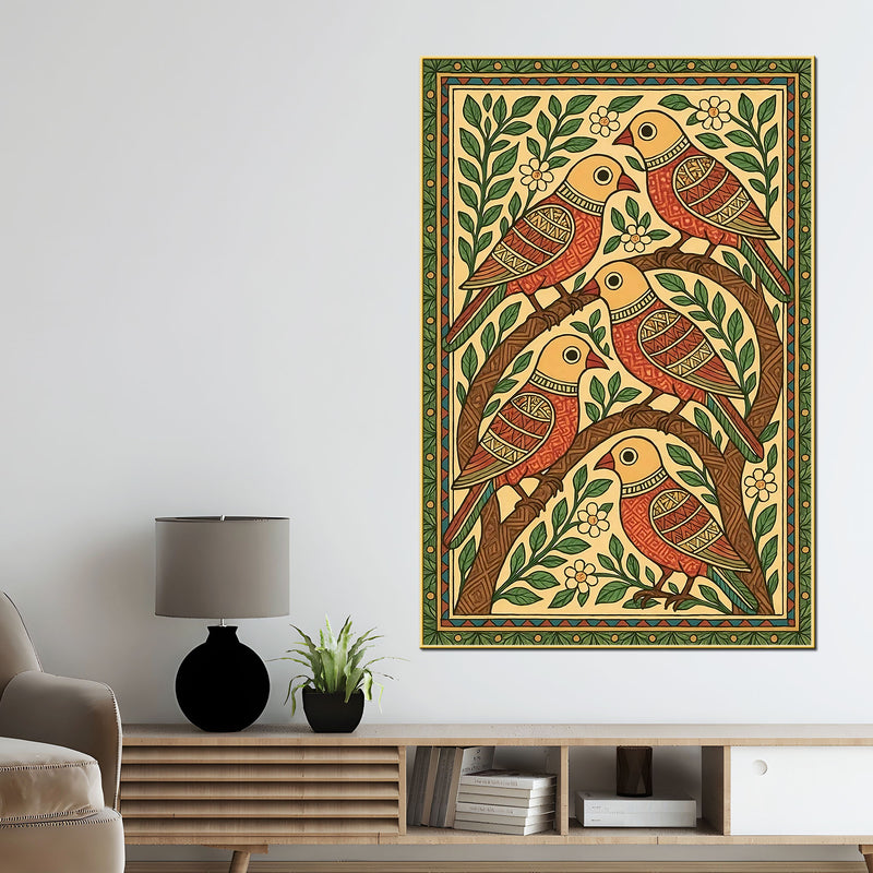 Madhubani Birds Canvas Wall Painting for Wall Art Decoration