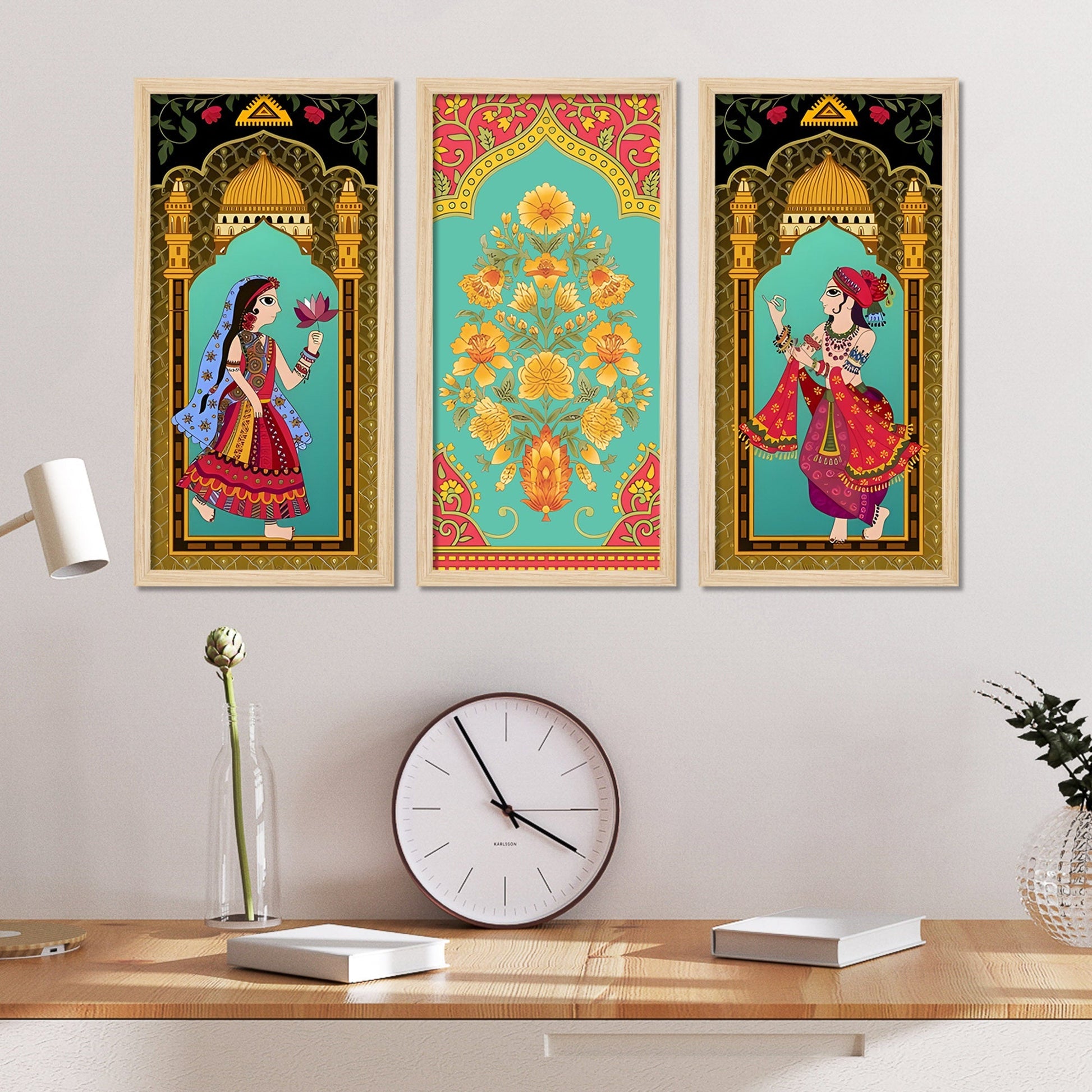 Madhubani Decorative Welcome Home Art Wooden Wall Frame Set of Three