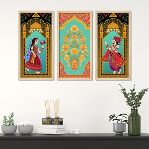 Madhubani Decorative Welcome Home Art Wooden Wall Frame Set of Three