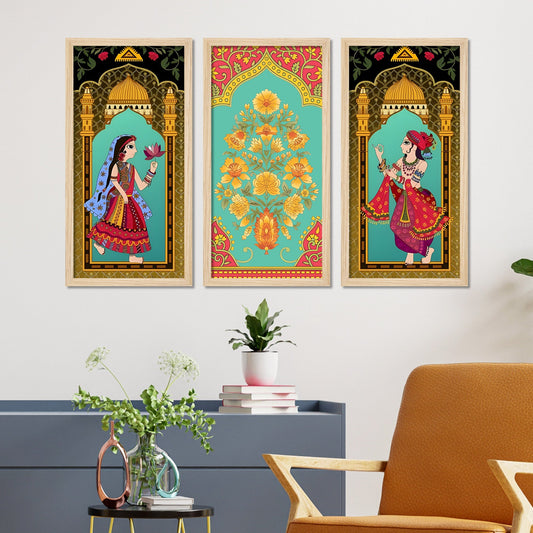 Madhubani Decorative Welcome Home Art Wooden Wall Frame Set of Three