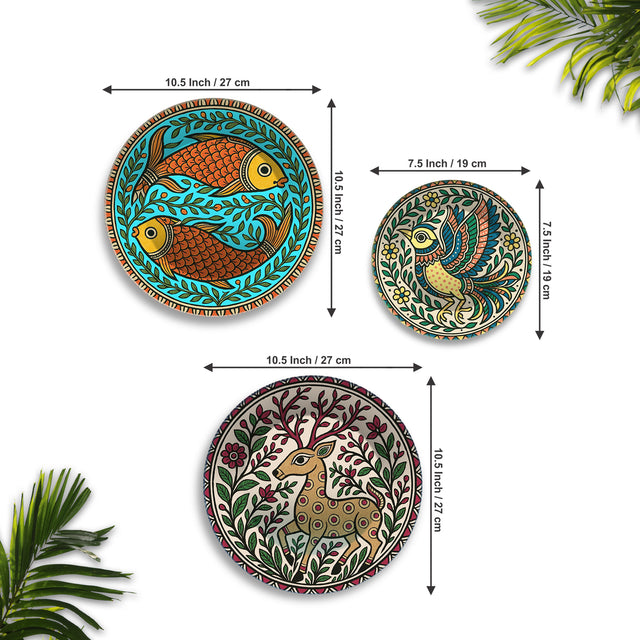 Madhubani Forest Rhythms Premium Wall Plates Painting Set of 3