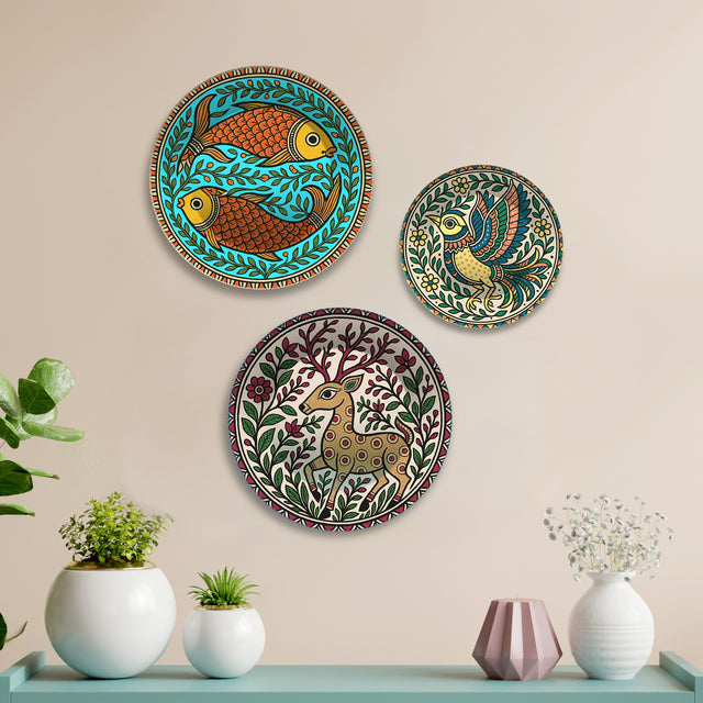 Madhubani Forest Rhythms Premium Wall Plates Painting Set of 3
