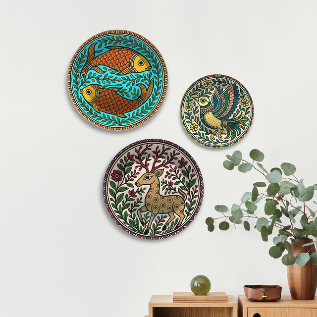 Madhubani Forest Rhythms Premium Wall Plates Painting Set of 3