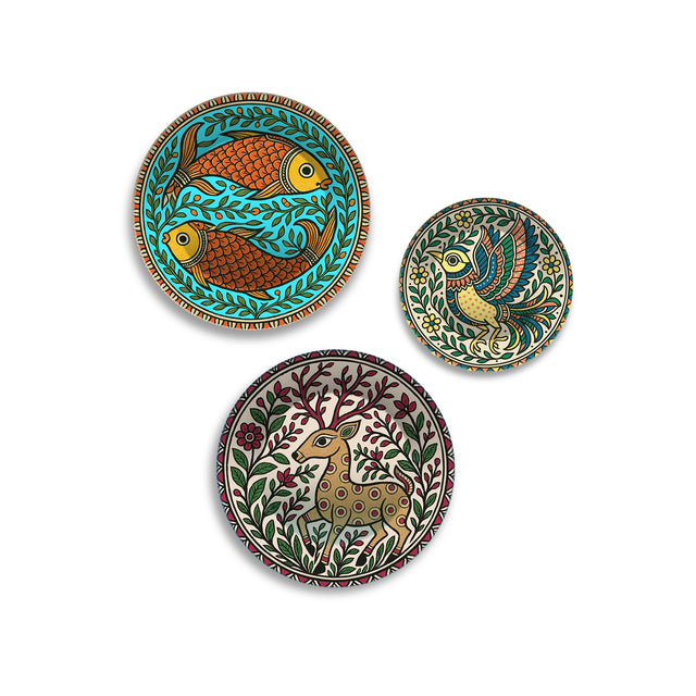 Madhubani Forest Rhythms Premium Wall Plates Painting Set of 3