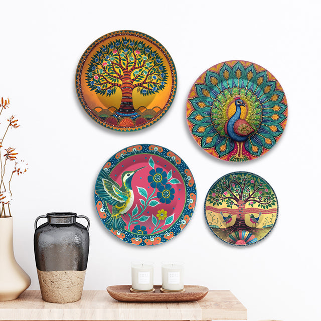 Madhubani Fusion Decorative Premium Wall Plates Painting Set of Four