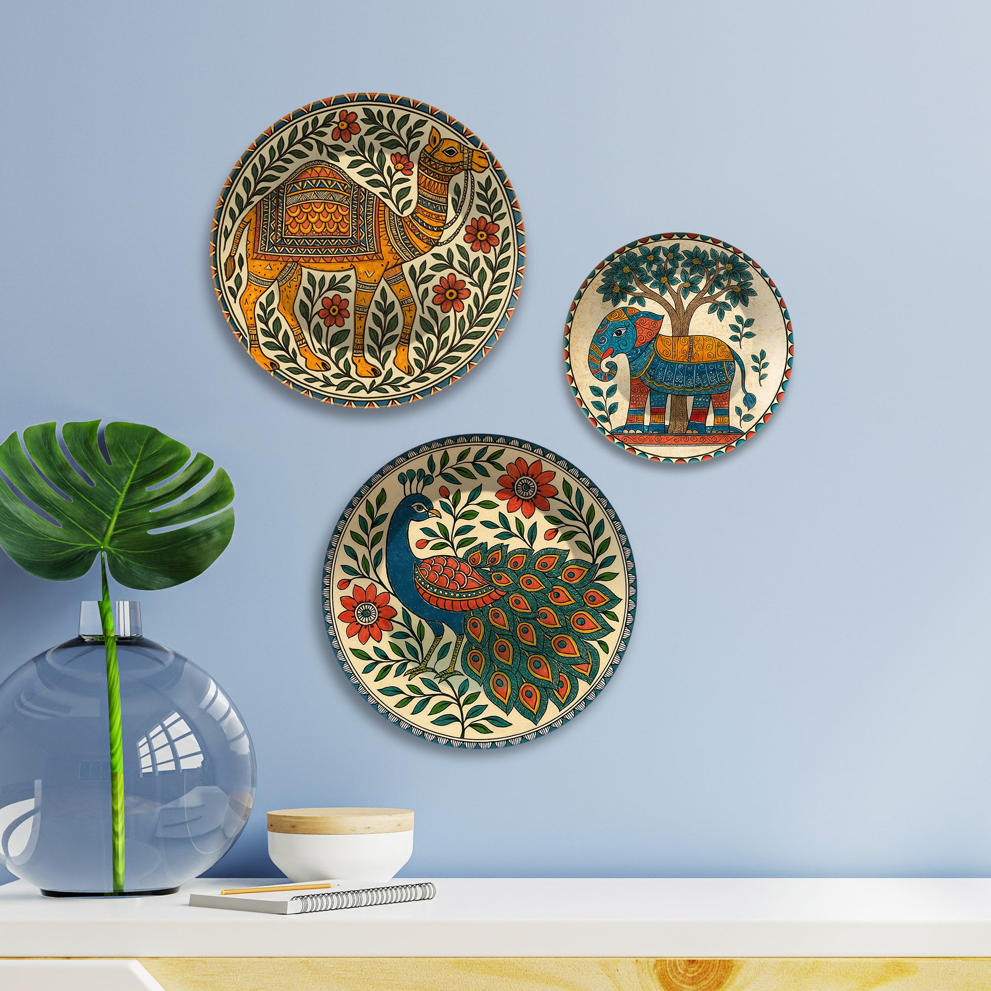 Madhubani Inspired Wild Grace Premium Wall Plates Painting Set of 3