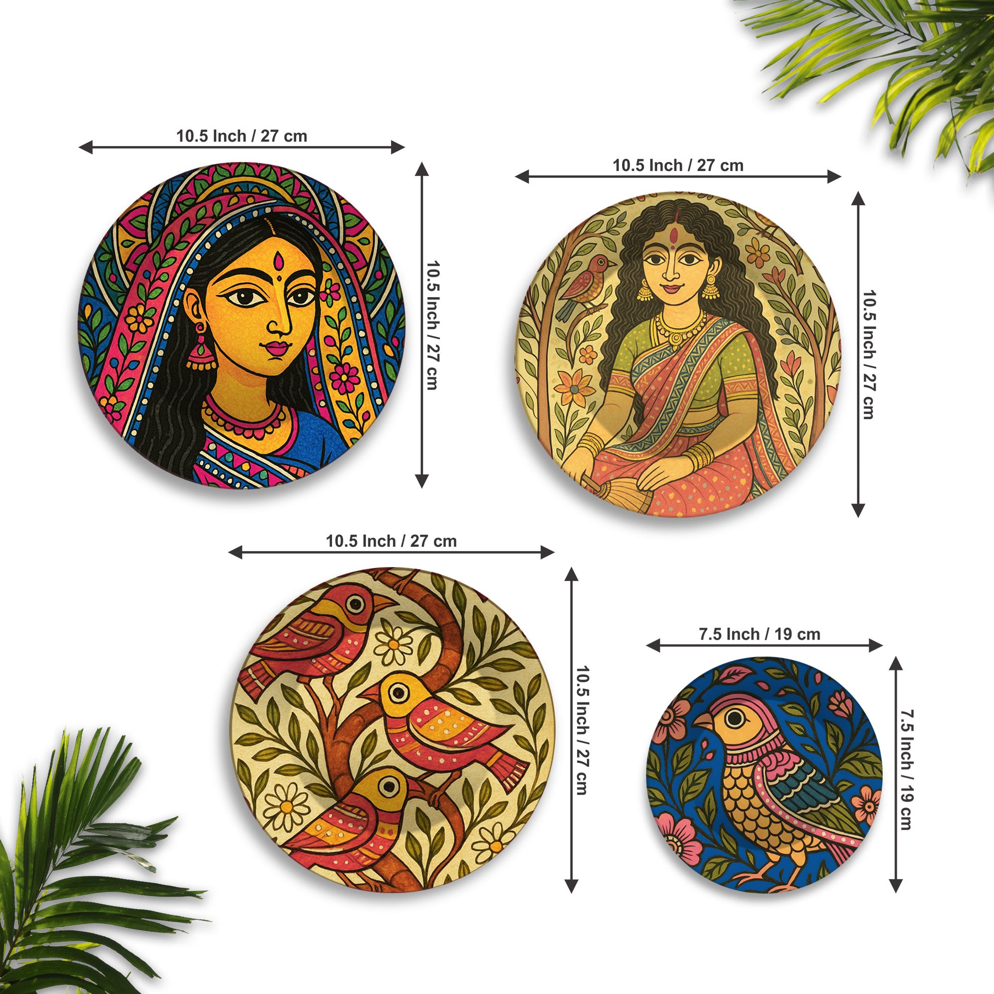 Madhubani Inspired Women & Birds Premium Wall Plates Painting Set of Four
