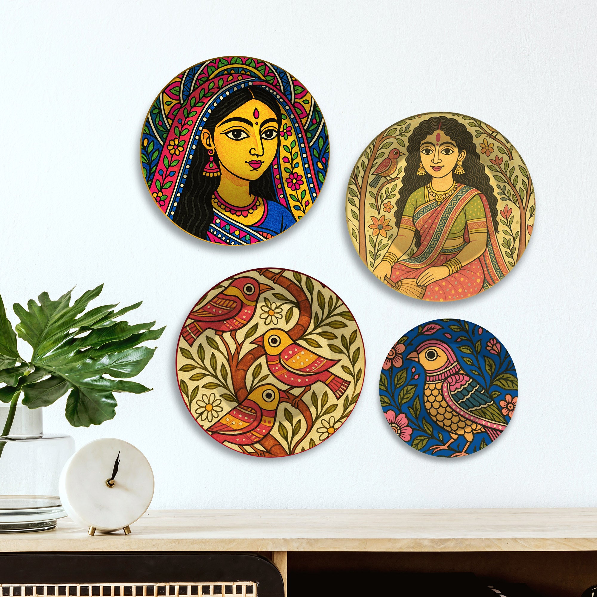 Madhubani Inspired Women & Birds Premium Wall Plates Painting Set of Four