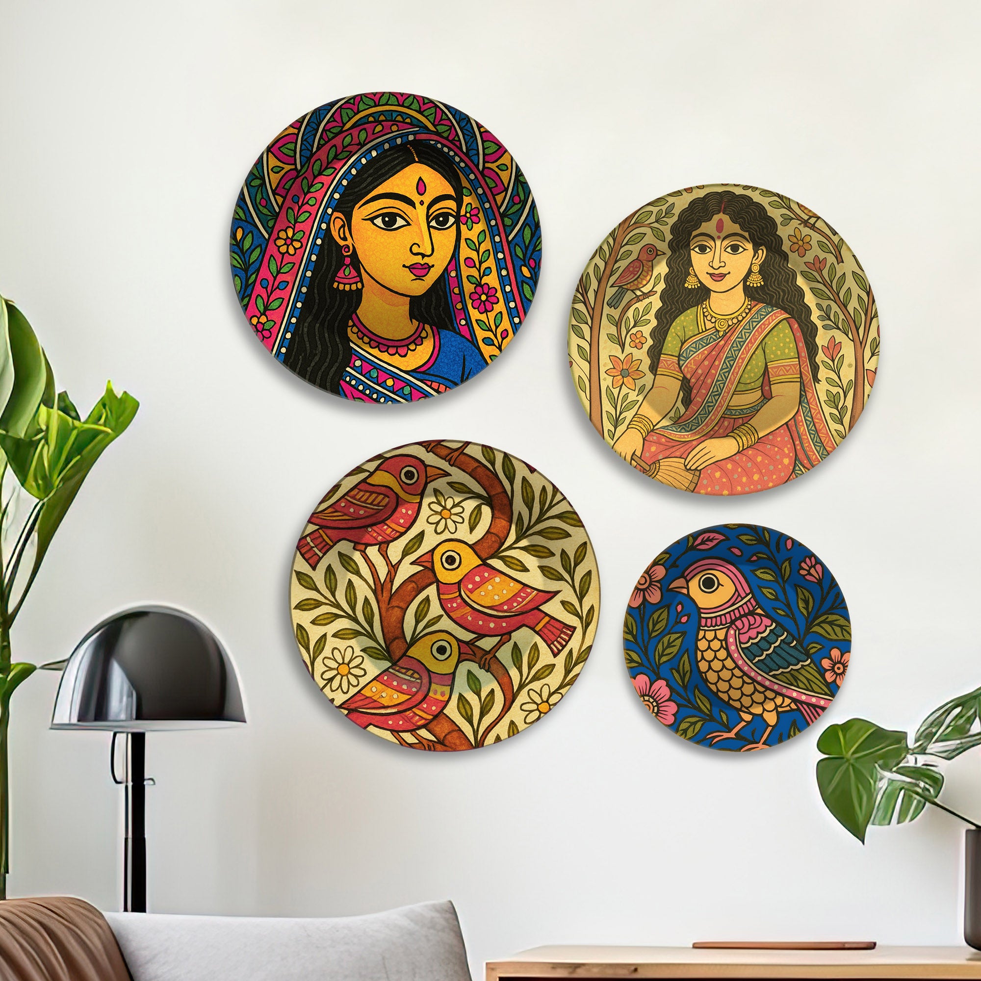 Madhubani Inspired Women & Birds Premium Wall Plates Painting Set of Four