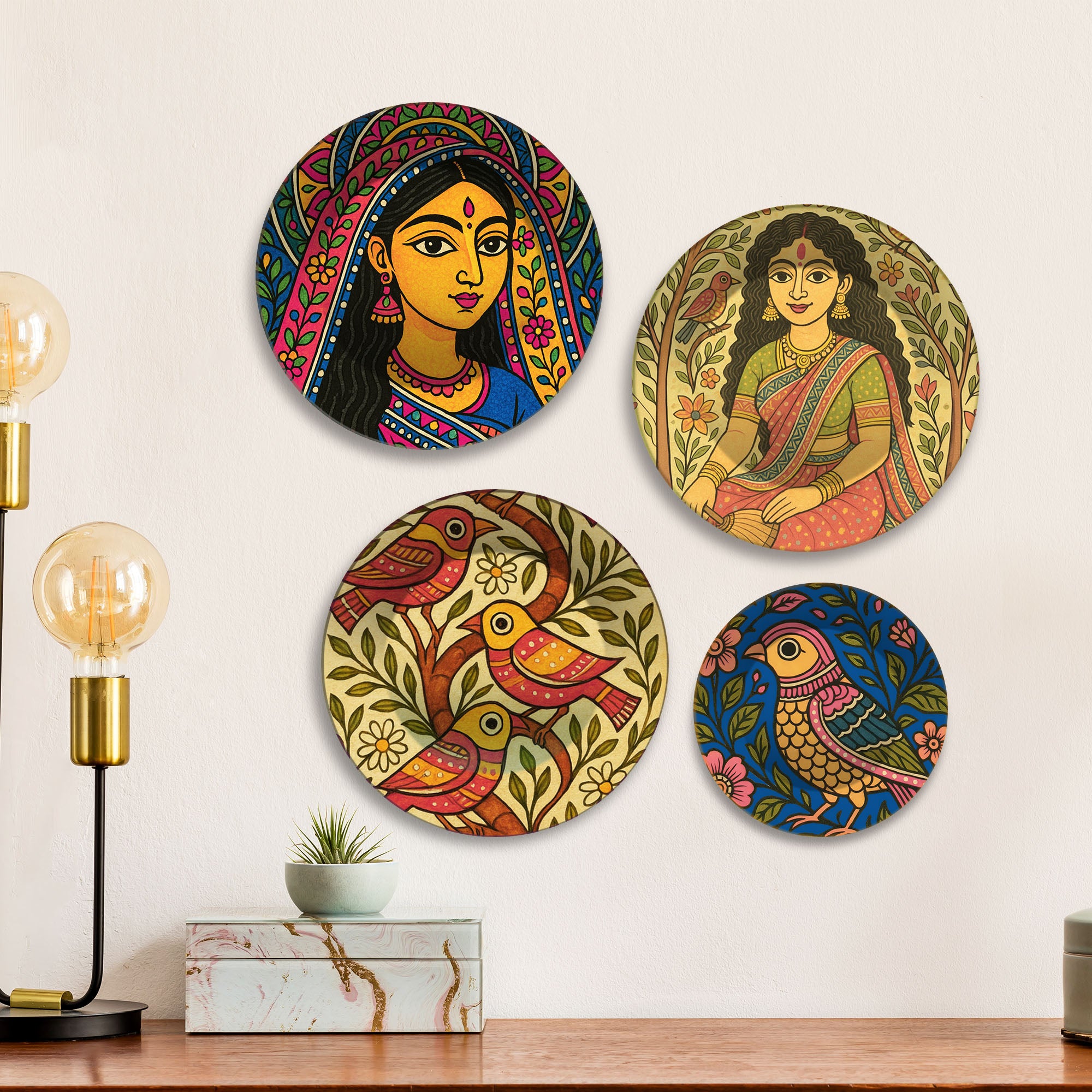 Madhubani Inspired Women & Birds Premium Wall Plates Painting Set of Four