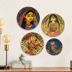Madhubani Inspired Women & Birds Premium Wall Plates Painting Set of Four