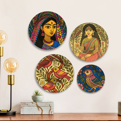 Madhubani Inspired Women & Birds Premium Wall Plates Painting Set of Four
