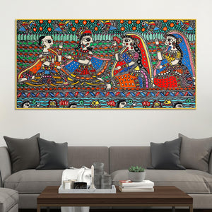 Madhubani Krishna and Gopis Canvas Wall Religious Painting