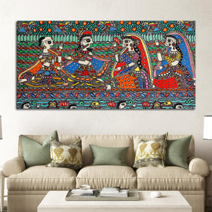 Madhubani Krishna and Gopis Canvas Wall Religious Painting