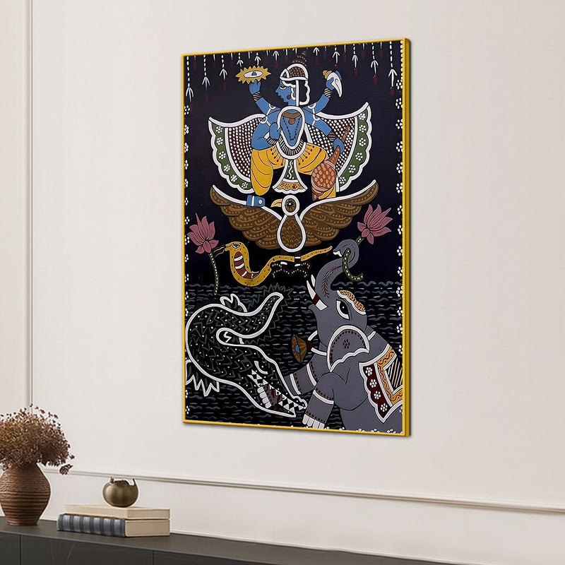Madhubani Krishna Divine Scene Canvas Painting