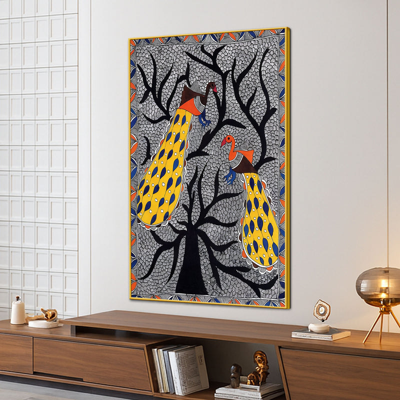 Madhubani Peacock Pair Canvas Wall Painting for Decoration