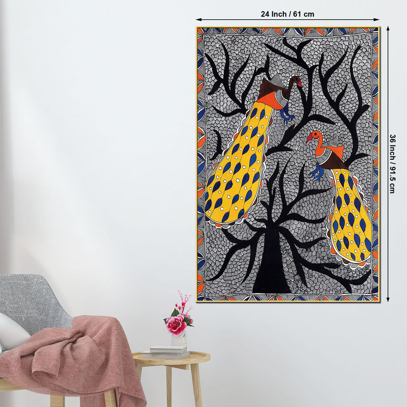 Madhubani Peacock Pair Canvas Wall Painting for Decoration
