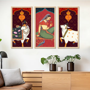 Madhubani Pichwai Cow Art Wooden Wall Frame Set of Three