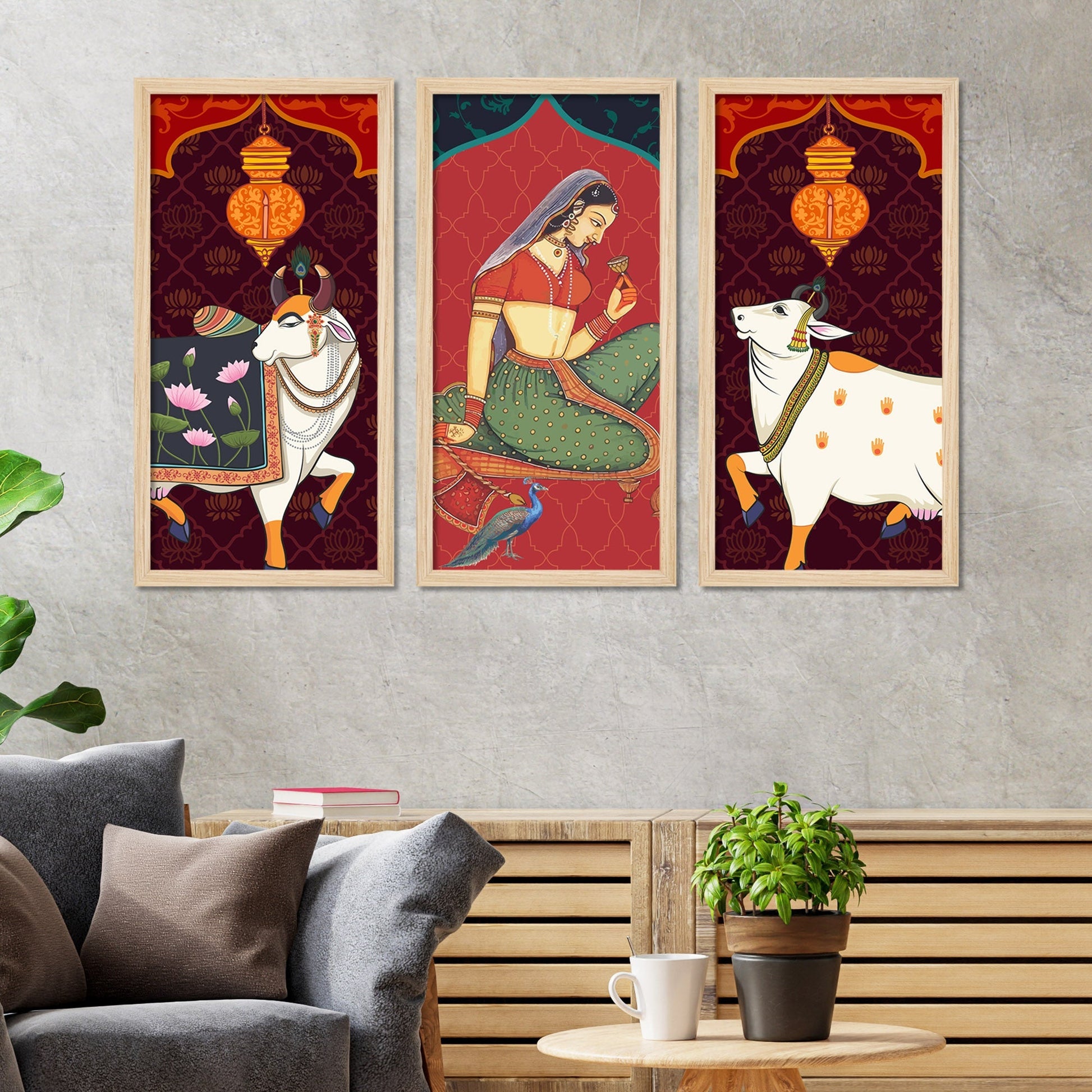 Madhubani Pichwai Cow Art Wooden Wall Frame Set of Three