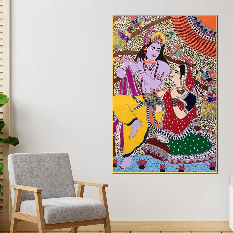 Madhubani Radha Krishna Traditional Canvas Painting for Spiritual Decor