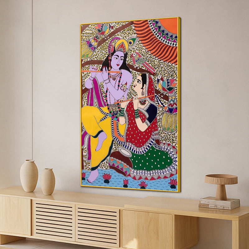 Madhubani Radha Krishna Traditional Canvas Painting for Spiritual Decor