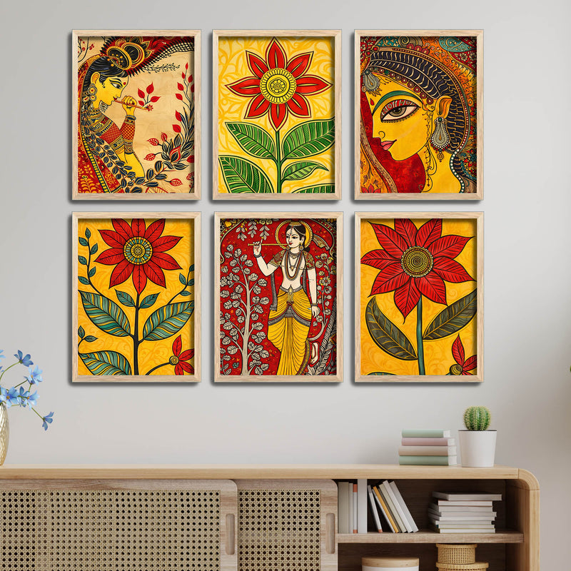 Madhubani Style Artwork Wall Frame Set of Six