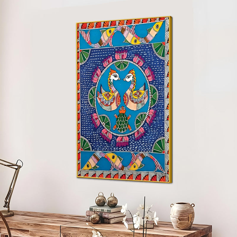 Madhubani Style Love Birds Canvas Painting | Ethnic Wall Art
