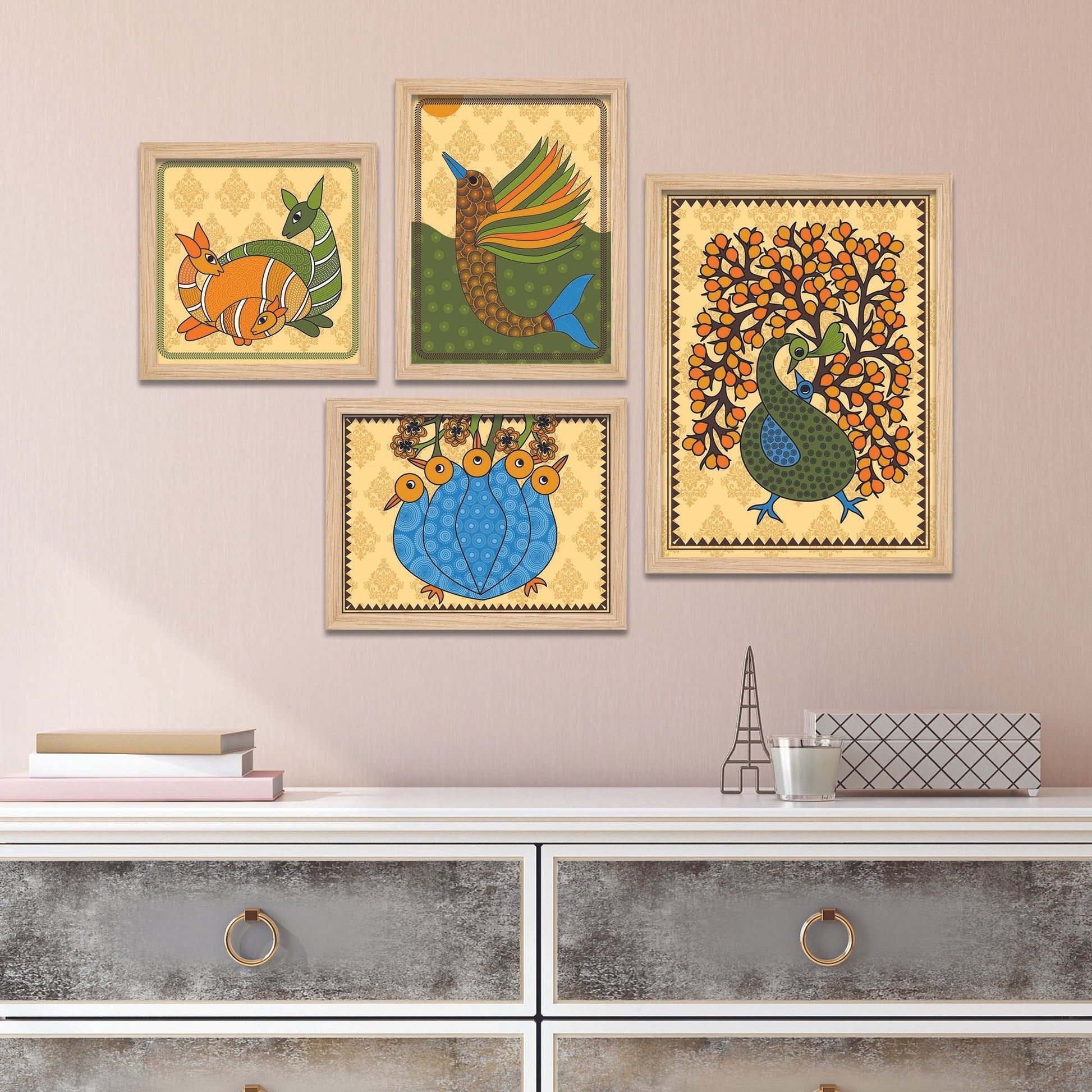 Madhubani Traditional Peacock Wall Frame Set of Four