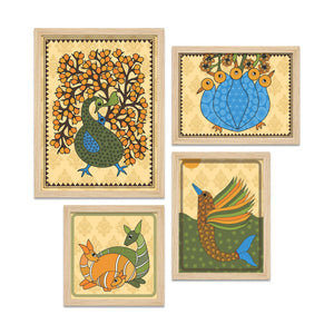 Madhubani Traditional Peacock Wall Frame Set of Four