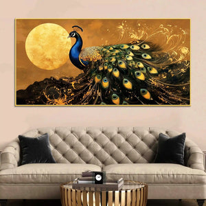 Magnificent Peacock Dances in Silence under the Golden Moon Canvas Wall Painting
