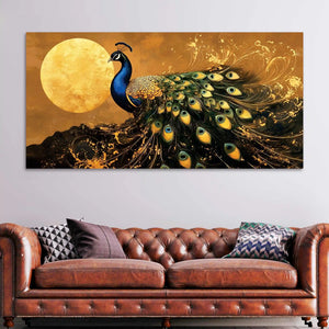 Magnificent Peacock Dances in Silence under the Golden Moon Canvas Wall Painting