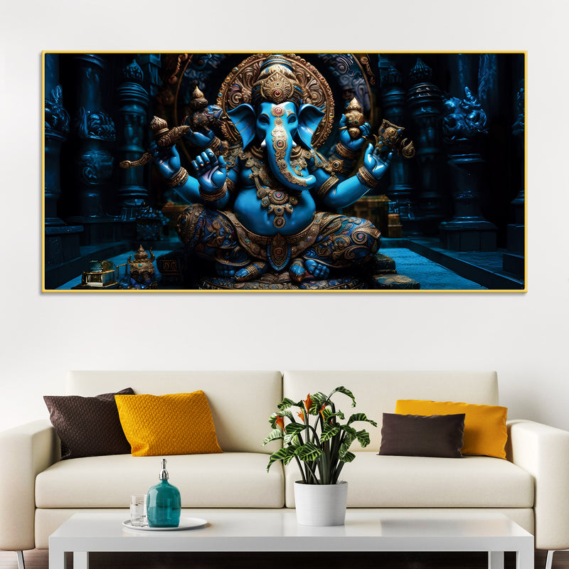 Maha Ganesh in Sacred Blue Premium Canvas Wall Painting for Living Room & Pooja Space – Modern Religious Wall Decor