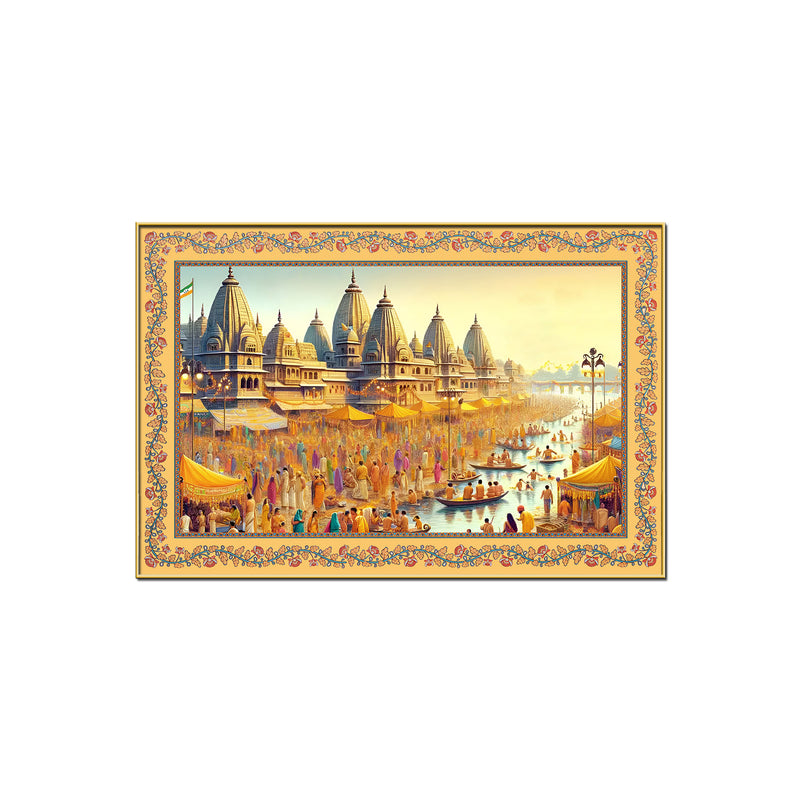Maha Kumbh Mela on Ganga Ghat Border Canvas Wall Painting