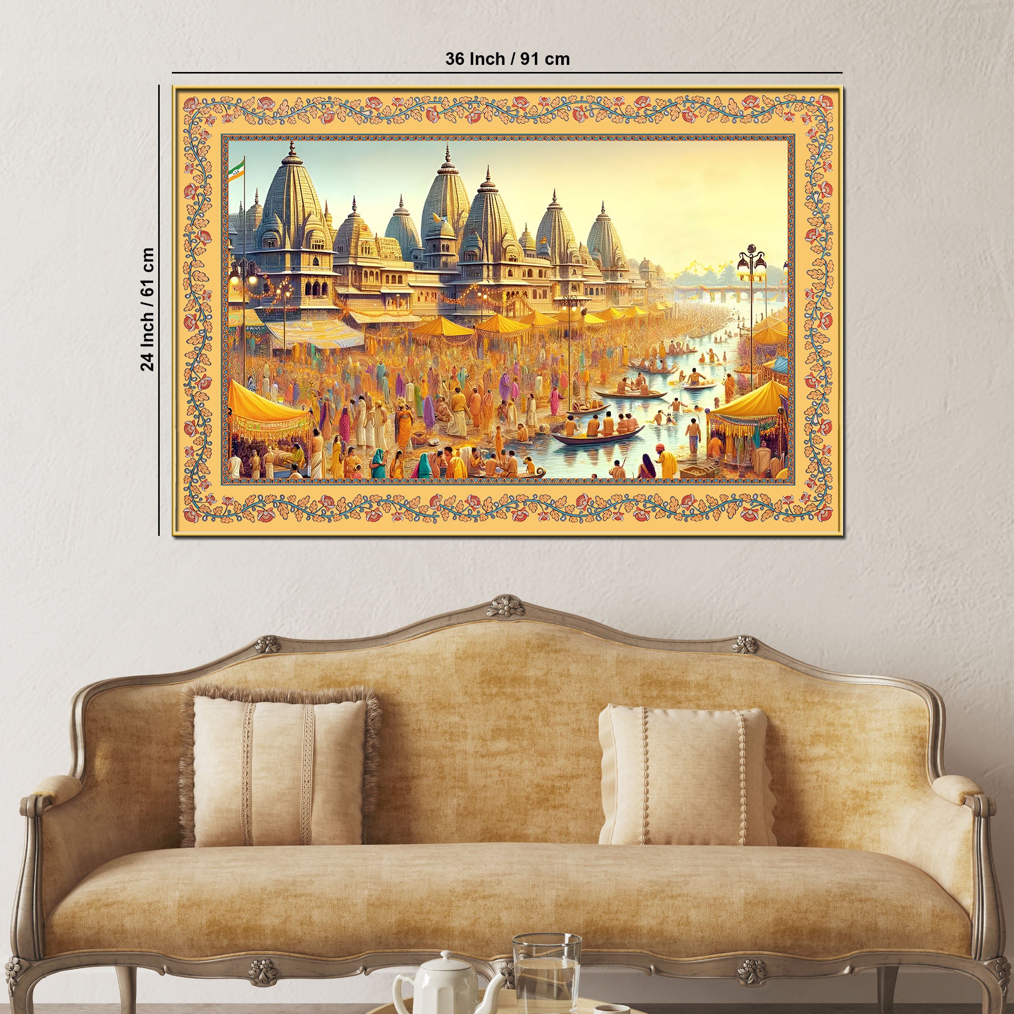Maha Kumbh Mela on Ganga Ghat Border Canvas Wall Painting