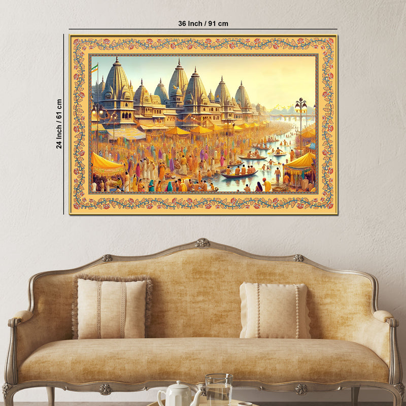 Maha Kumbh Mela on Ganga Ghat Border Canvas Wall Painting
