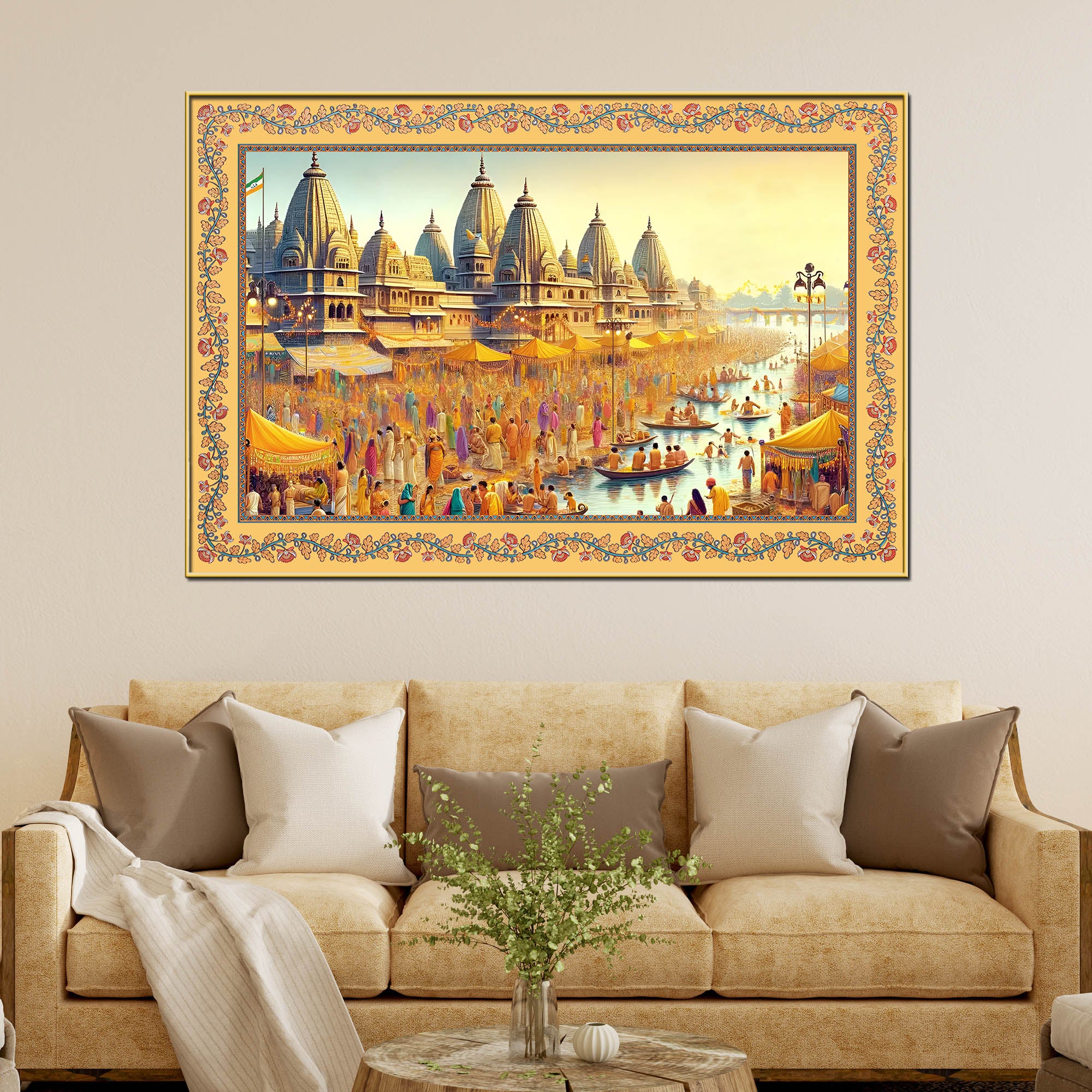Maha Kumbh Mela on Ganga Ghat Border Canvas Wall Painting