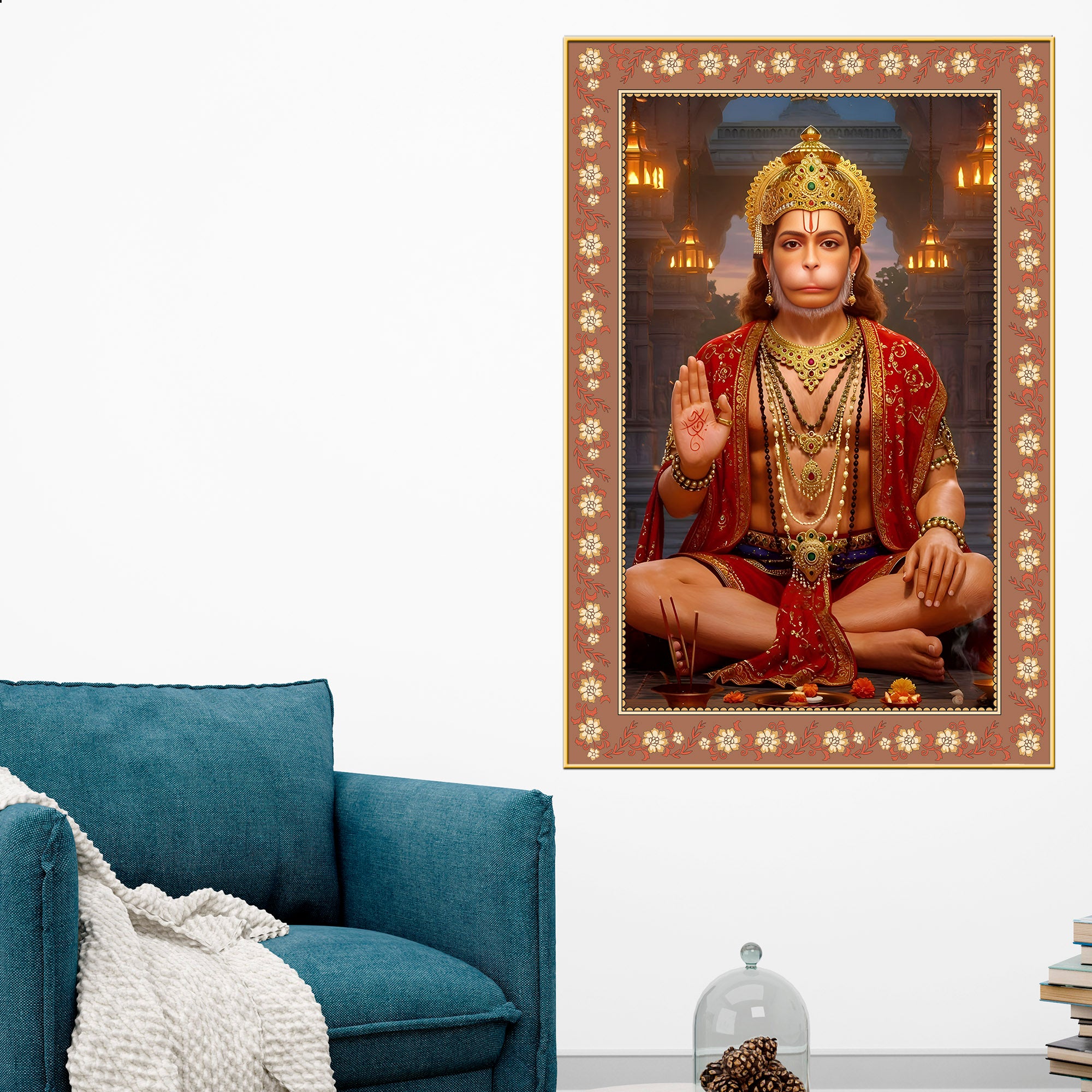 Mahavira Hanuman Floral Border Vertical Wall Painting