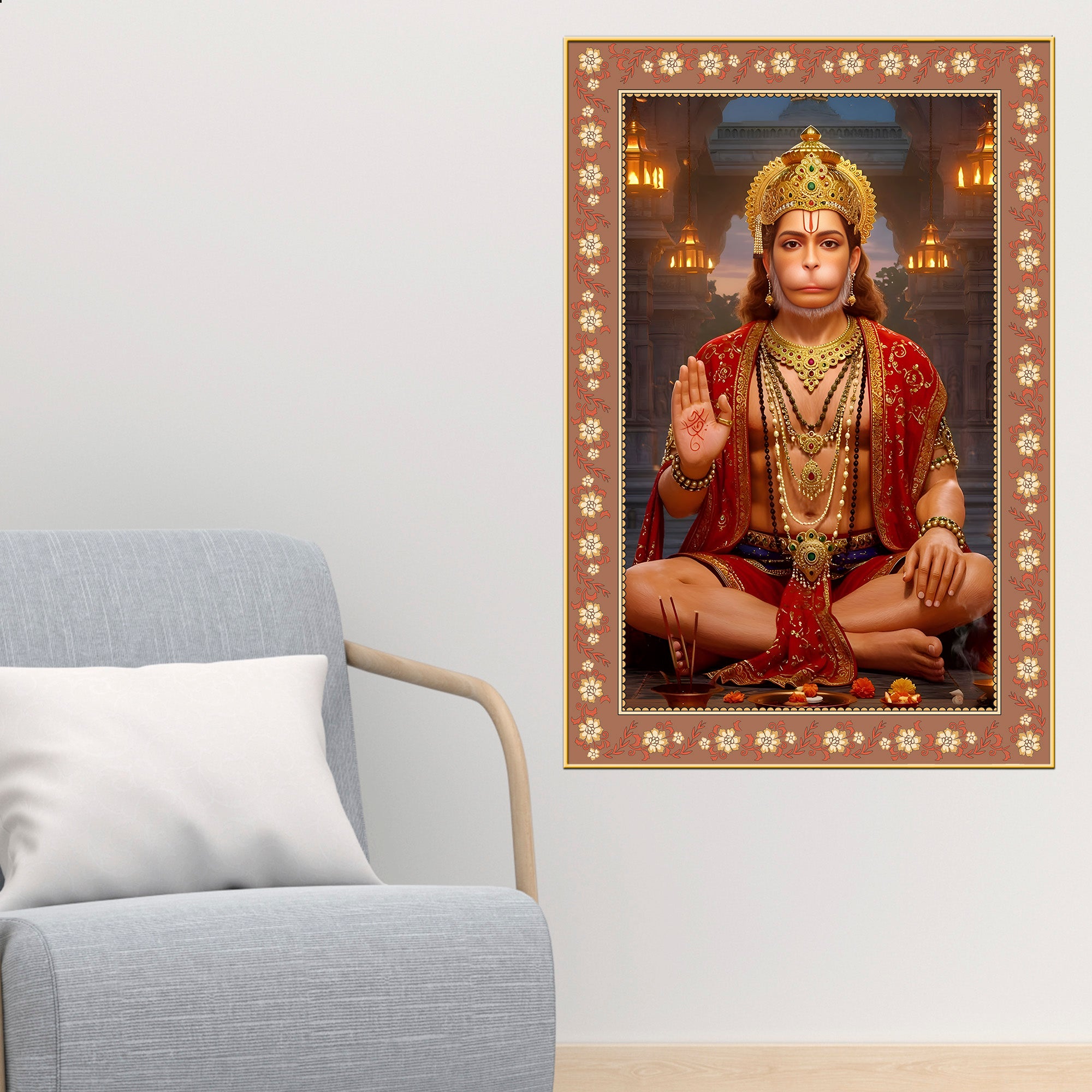 Mahavira Hanuman Floral Border Vertical Wall Painting