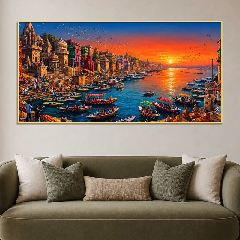 Majestic Banaras Ghat Sunrise Canvas Painting for Living Room Decor