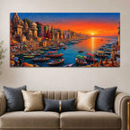 Majestic Banaras Ghat Sunrise Canvas Painting for Living Room Decor