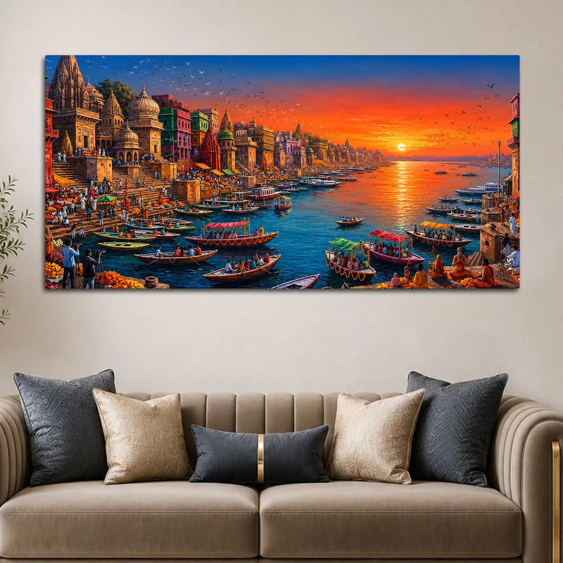 Majestic Banaras Ghat Sunrise Canvas Painting for Living Room Decor