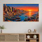 Majestic Banaras Ghat Sunrise Canvas Painting for Living Room Decor
