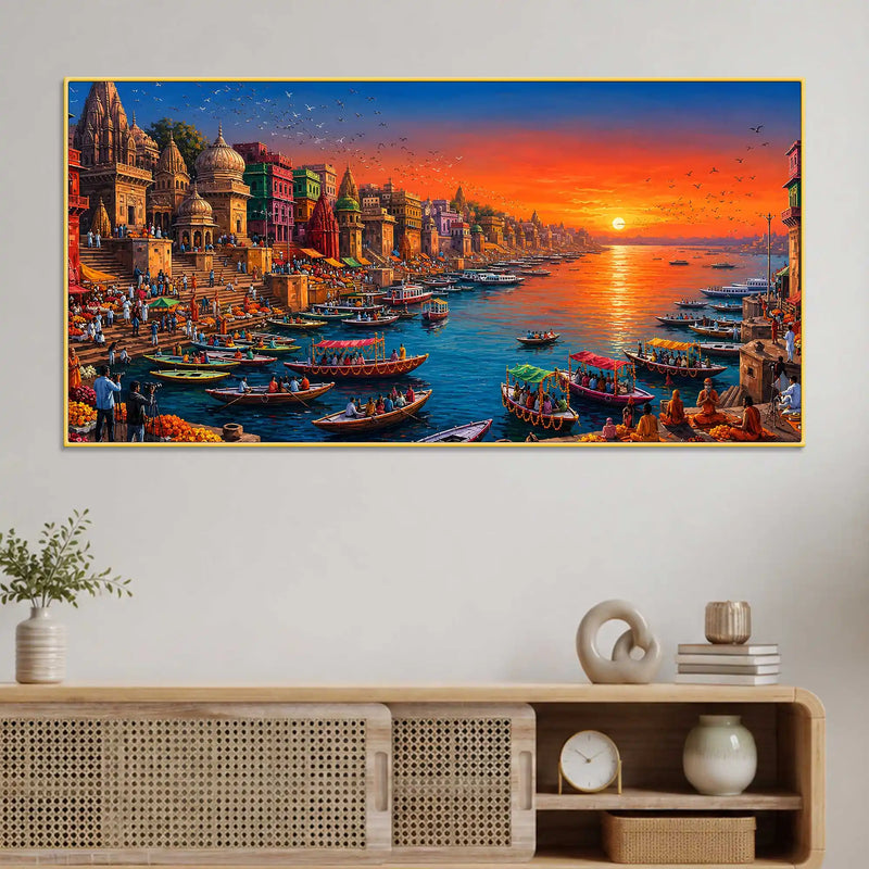Majestic Banaras Ghat Sunrise Canvas Painting for Living Room Decor