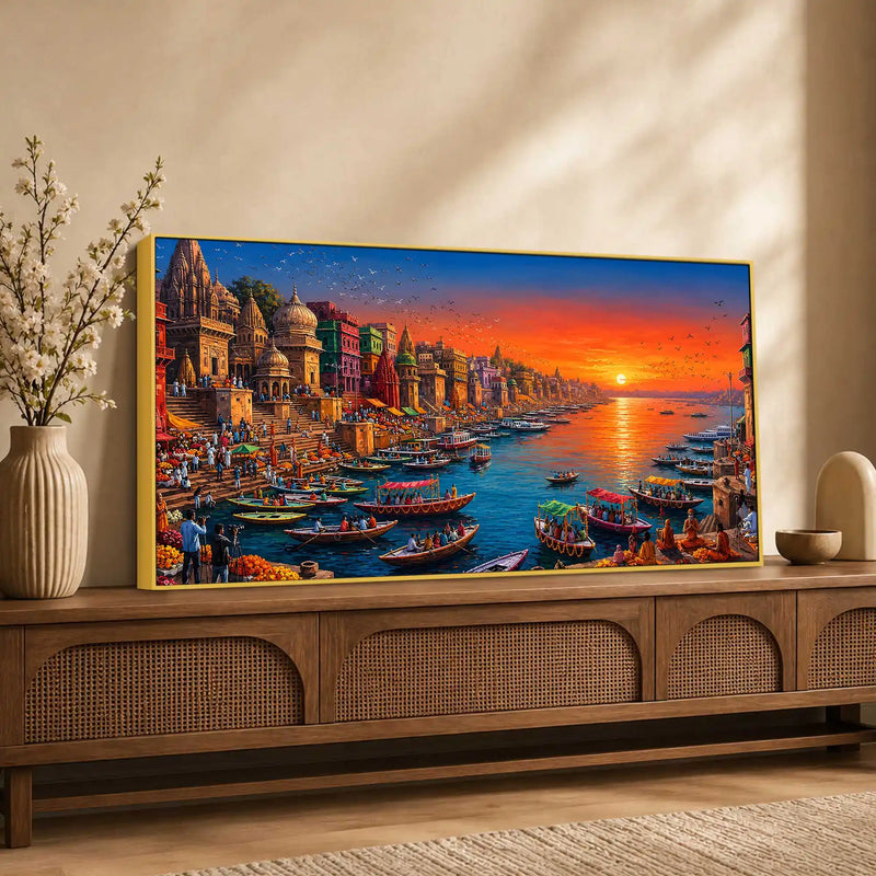 Majestic Banaras Ghat Sunrise Canvas Painting for Living Room Decor