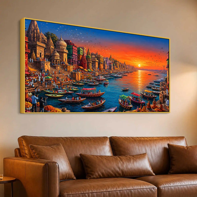 Majestic Banaras Ghat Sunrise Canvas Painting for Living Room Decor