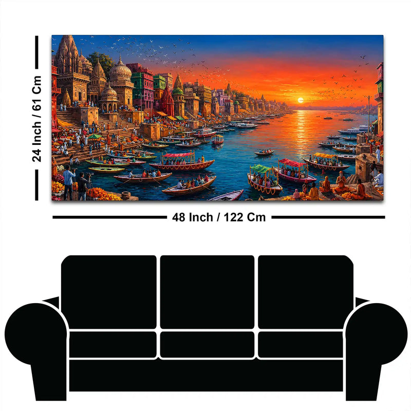 Majestic Banaras Ghat Sunrise Canvas Painting for Living Room Decor