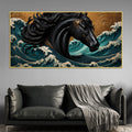 Majestic Black Horse Amid Ocean Waves 3D Canvas Wall Painting