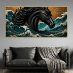 Majestic Black Horse Amid Ocean Waves 3D Canvas Wall Painting