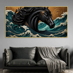 Majestic Black Horse Amid Ocean Waves 3D Canvas Wall Painting